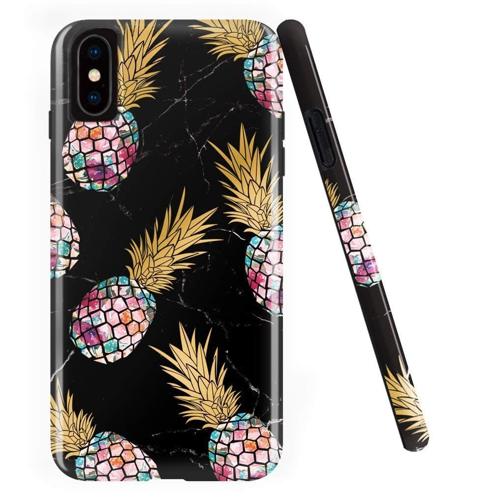 DOUJIAZ iPhone Xs Max Case,Shiny Marble Design Clear Bumper TPU Soft Case Rubber Silicone Skin Cover for iPhone Xs Max 2018 6.5 inch- Purple Pineapple & Black