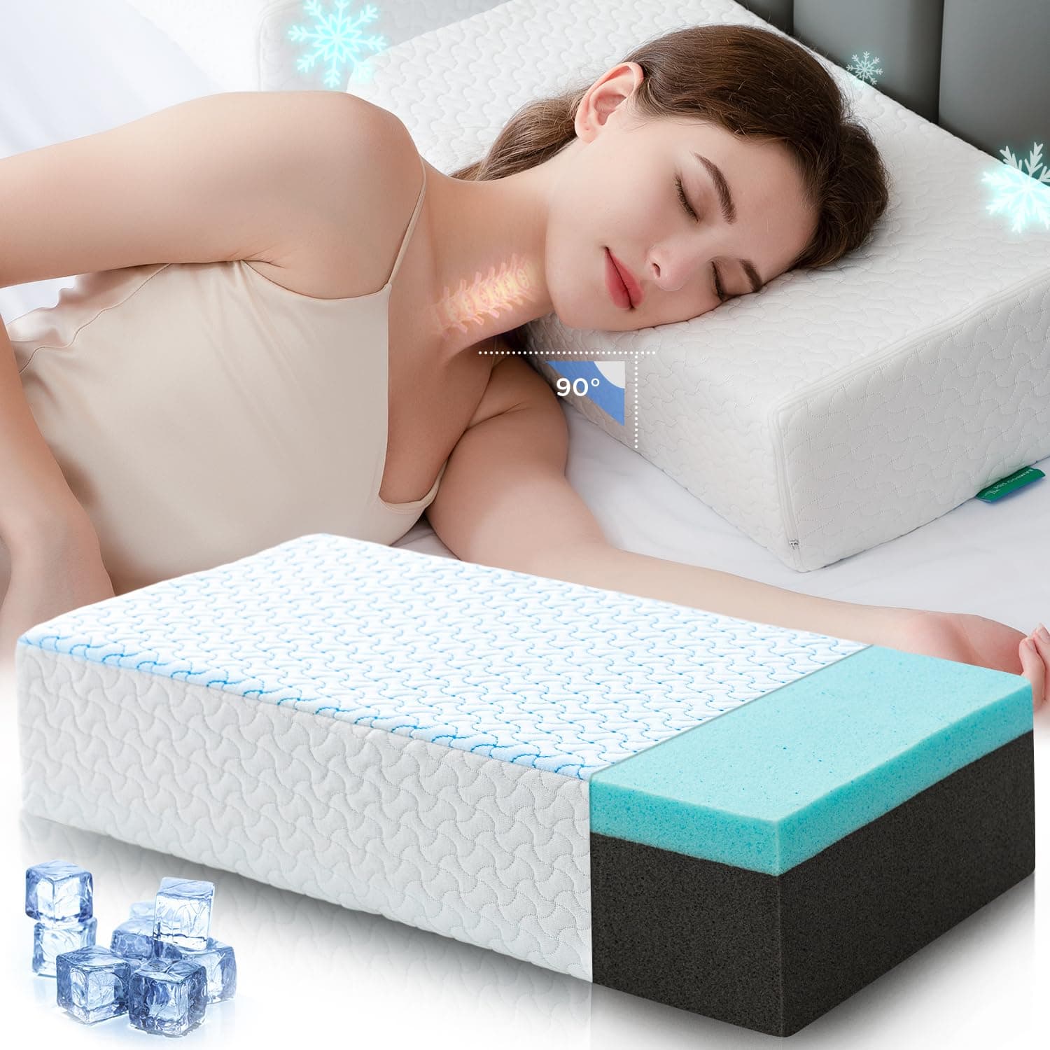 Cooling Cube Pillow for Side Sleepers Square Pillow for Neck and Shoulder Pain Relief Memory Foam Pillow for Sleeping Dual Side Support Head Rectangle Cervical Neck Pillow with Removable Cover
