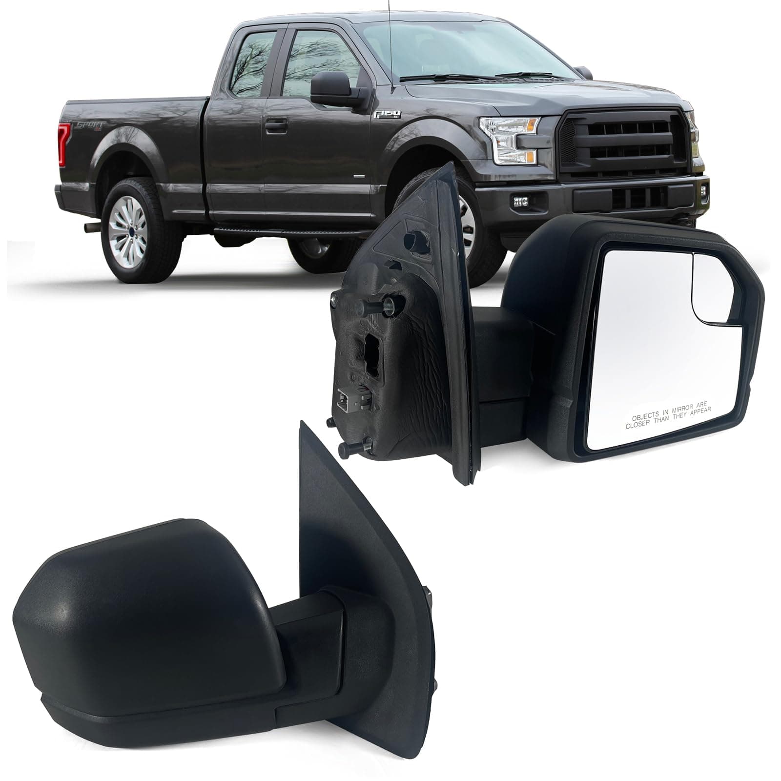 Right Passenger side Mirror with Power Glass, Outdoor Temperature Sensor and Manual Folding Fits 2015-2020 Ford F150 Without Turn Signal, Non-Heated Replace JL34-17682-BG (5 Pins)