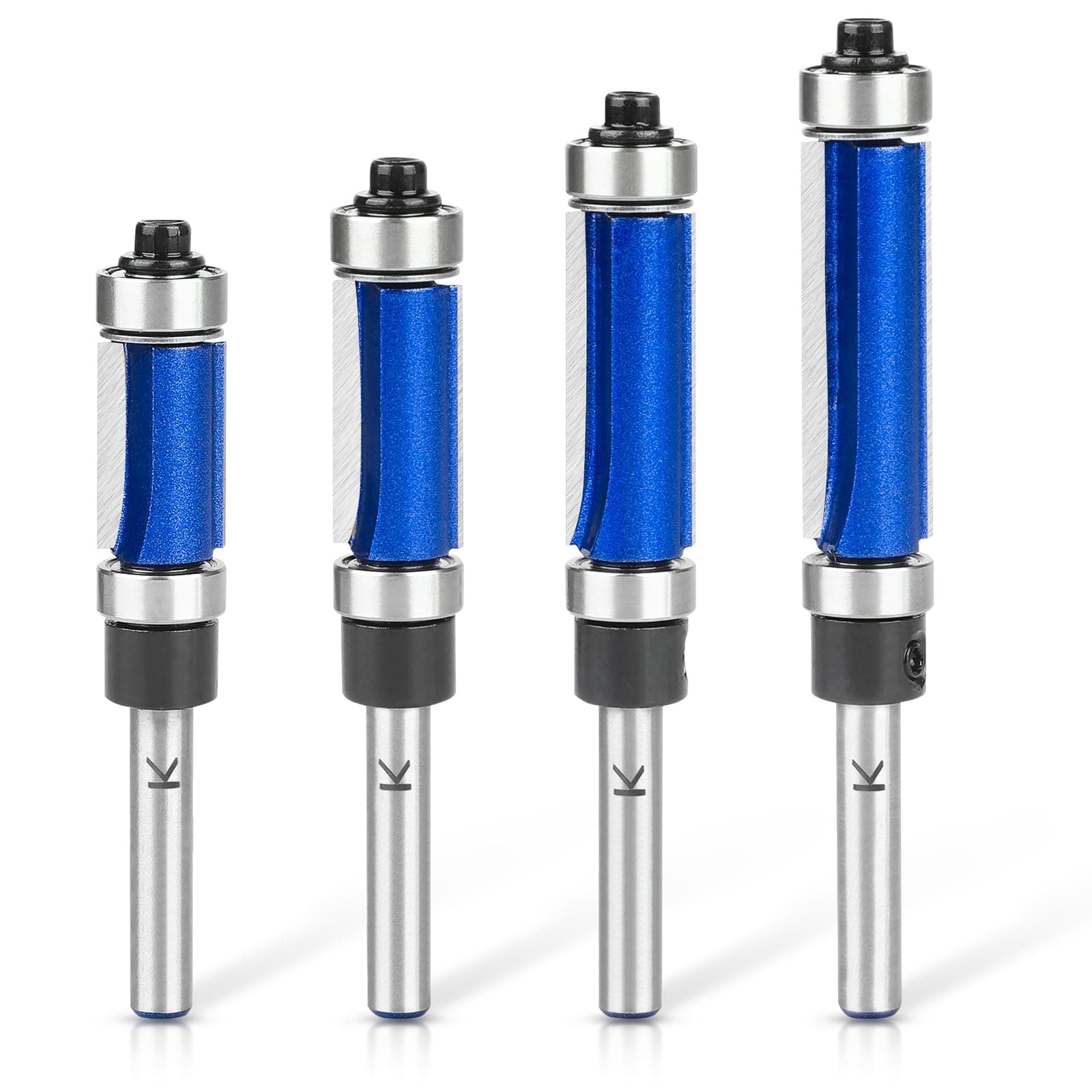 4Pcs Top and Bottom Bearing Flush Trim Router Bits Set 1/4 Inch Shank, Carbide Pattern Flush Trim Cut Router bit, 1/2 Inch Cutting Diameter, 3/4", 1", 1-1/4", 1-1/2" Inch Cutting Length