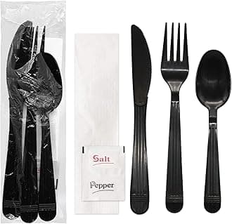 Individually Wrapped Plastic Cutlery Packets/Heavy Duty Silverware Kits, Fork/Spoon/Knife/Napkin/Salt/Pepper, 50 Utensils Sets, Black