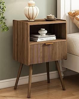 JOONEE Nightstand,Modern Bedside Table with Storage Drawer and Open Wood Shelf, for Living Room, Bedroom and Small Spaces, Accent Night Stand with Solid Wood Legs, Easy Assembly,Walnut Brown