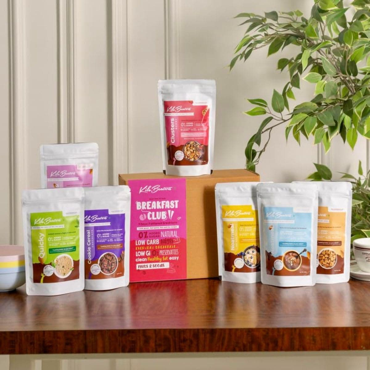 Kilobeaters Weekly Breakfast Box (Pack Of 7) | Raw Cacao, Berry Clusters, Chocolate Cookie Cereal, Noatmeal, Raw Cacao Noatmeal & Quicky Protein Meal | No Added Sugar | Healthy Breakfast For Adults