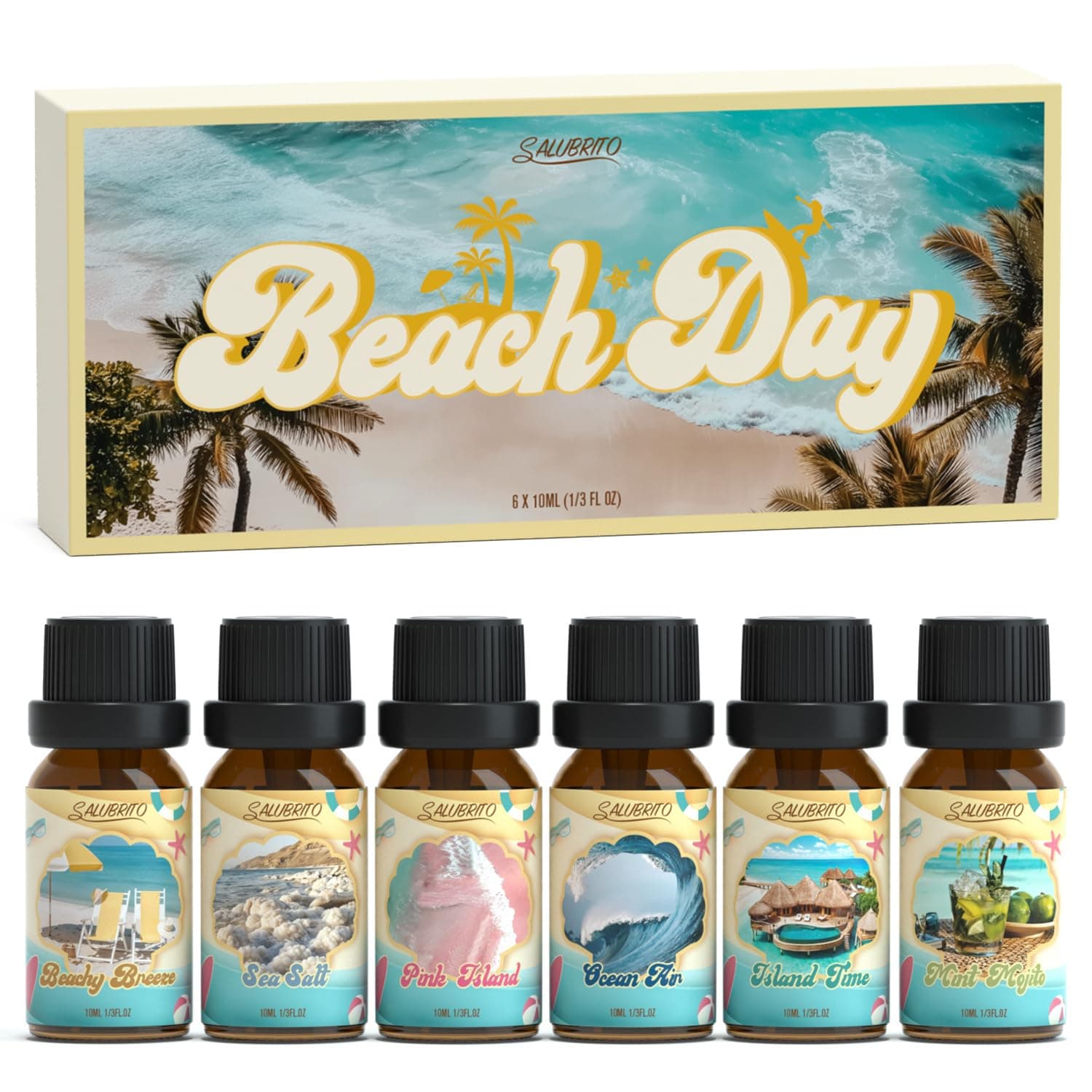 SALUBRITO Beach Day Essential Oil Set, Summer Fragrance Oils for Diffuser, Candle, Soap Making Scented Oil, Beachy Breeze, Sea Salt, Pink Island, Ocean Air, Island Time, Mint Mojito Aromatherapy Oil