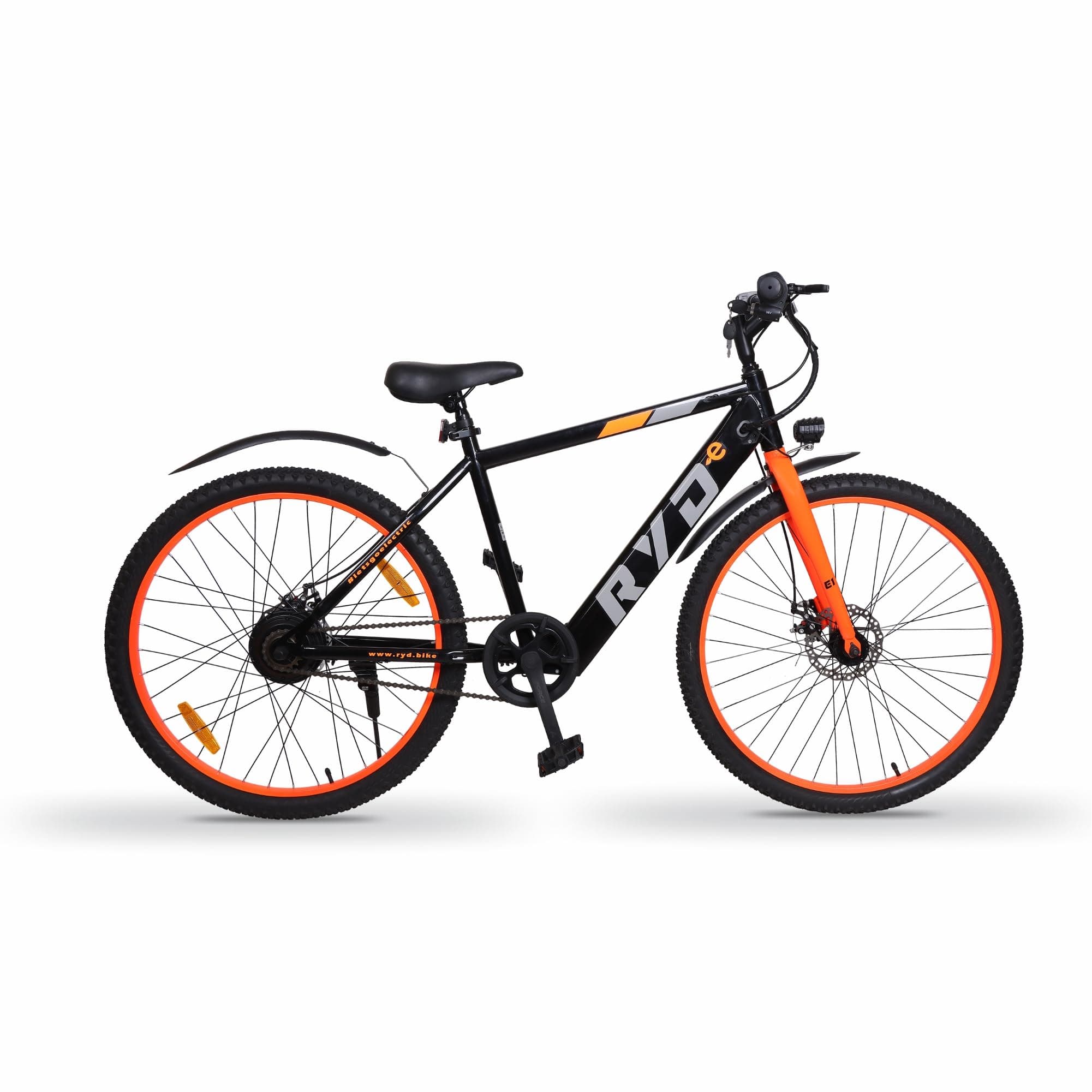 RYD E1-Series Mountain Electric Cycle with 36V, 250W BLDC Motor, Steel Frame, 5.8Ah Battery, Front Disc Brake, Rigid Fork (Orange/Black with Mudguard, 27.5 Inches, 5.8, Amp Hours)