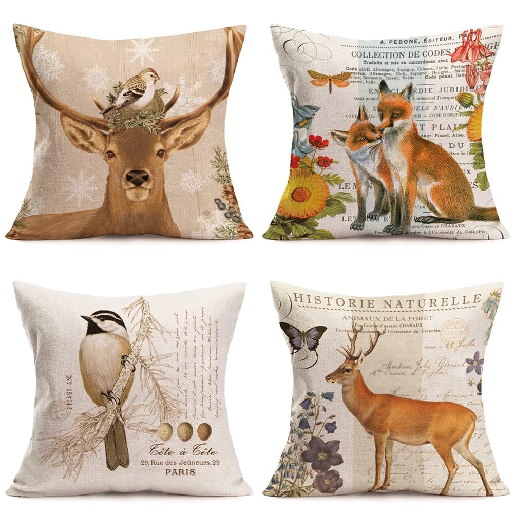 4Pack Vintage Animals Theme Throw Pillow Covers Rustic Retro Foxes Robin Birds Deer with Flowers Pillowcase Cotton Linen Home Sofa Couch Decor Cushion Case Cover (18X18Inch, VP-Foxes)