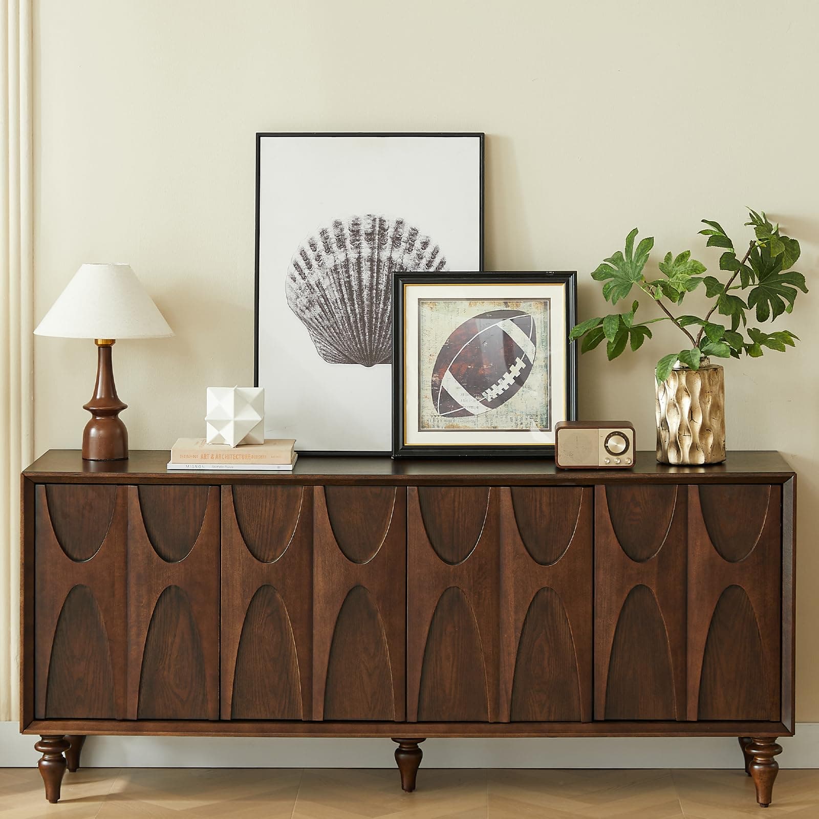 LKTART 62.99" Sideboard Buffet Cabinet with Storage, Solid Wood Kitchen Storage Cabinet Credenza Accent Console Table with Solid Wood Roman Legs Dovetail Door Trim Panel Ash Veneer,Walnut