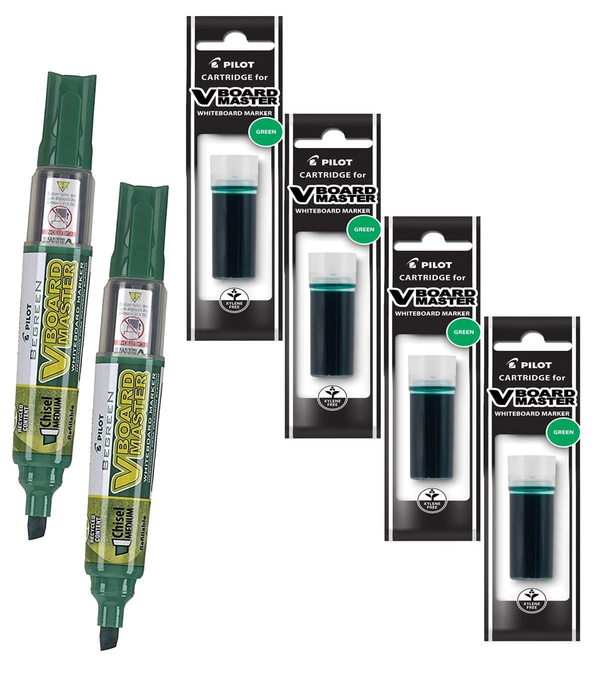 Refillable Dry Erase Markers, Pilot, 2 Green Ink Chisel Tip Markers with 4 Refills