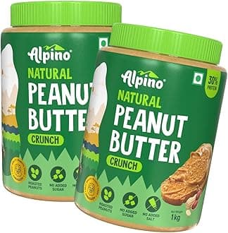 ALPINO Natural Peanut Butter Crunch 2kg (1kg Pack of 2) – Unsweetened, 100% Roasted Peanuts - 30% Protein, Source of Healthy Fats, No Added Sugar & Salt