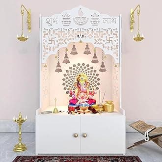 Divine Wooden Pooja Mandir for Home with Spacious Shelf & Inbuilt Focus Light - White Pooja Mandir, 109 cm - Temple for Home