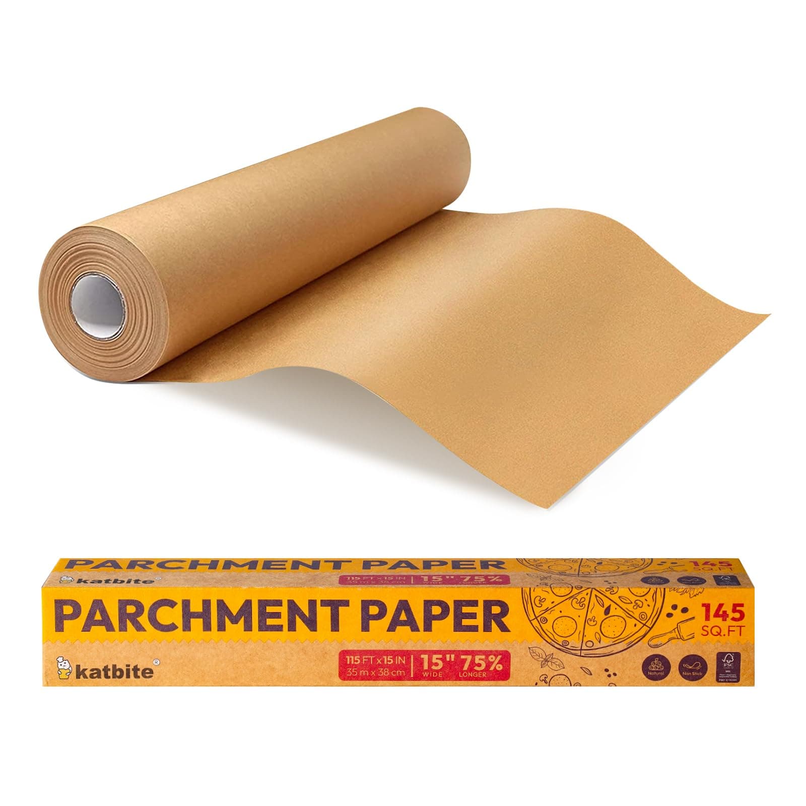 Katbite Parchment Paper Roll 15in x 115ft, Unbleached Pachment Baking Paper Roll 145 Sq.Ft, Non-Stick and Extra Longer Parchment Paper with Portable Serrated Cutter for Baking,Cooking,Space-saving