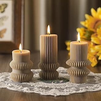 MTLEE 3 Pcs 4.7, 4.2, 3.2 in Height, Small Ribbed Pillar Candles Scented Decorative Candles Soy Wax Aesthetic Modern Geometric Home Decor for Bathroom Living Room(Khaki)
