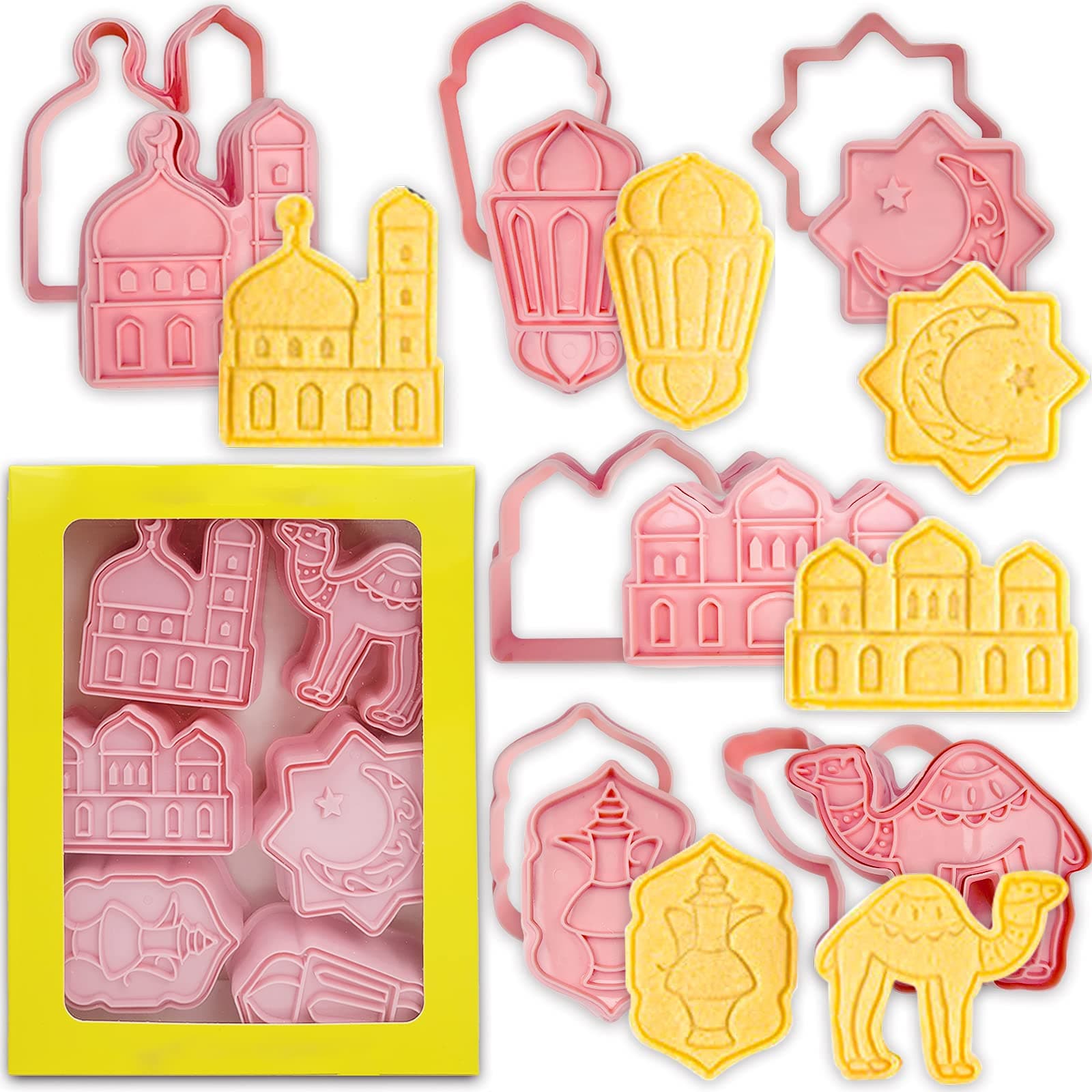 6 Pcs Eid Mubarak Cookie Cutters Set,3D Ramadan Islamic Muslim Cookie Stamp Biscuit Cutters,DIY Biscuit Press Stamp Molds,Biscuit Embossing Fondant Baking Tool,Camel,Lantern,Islamic Star,Star,Moon