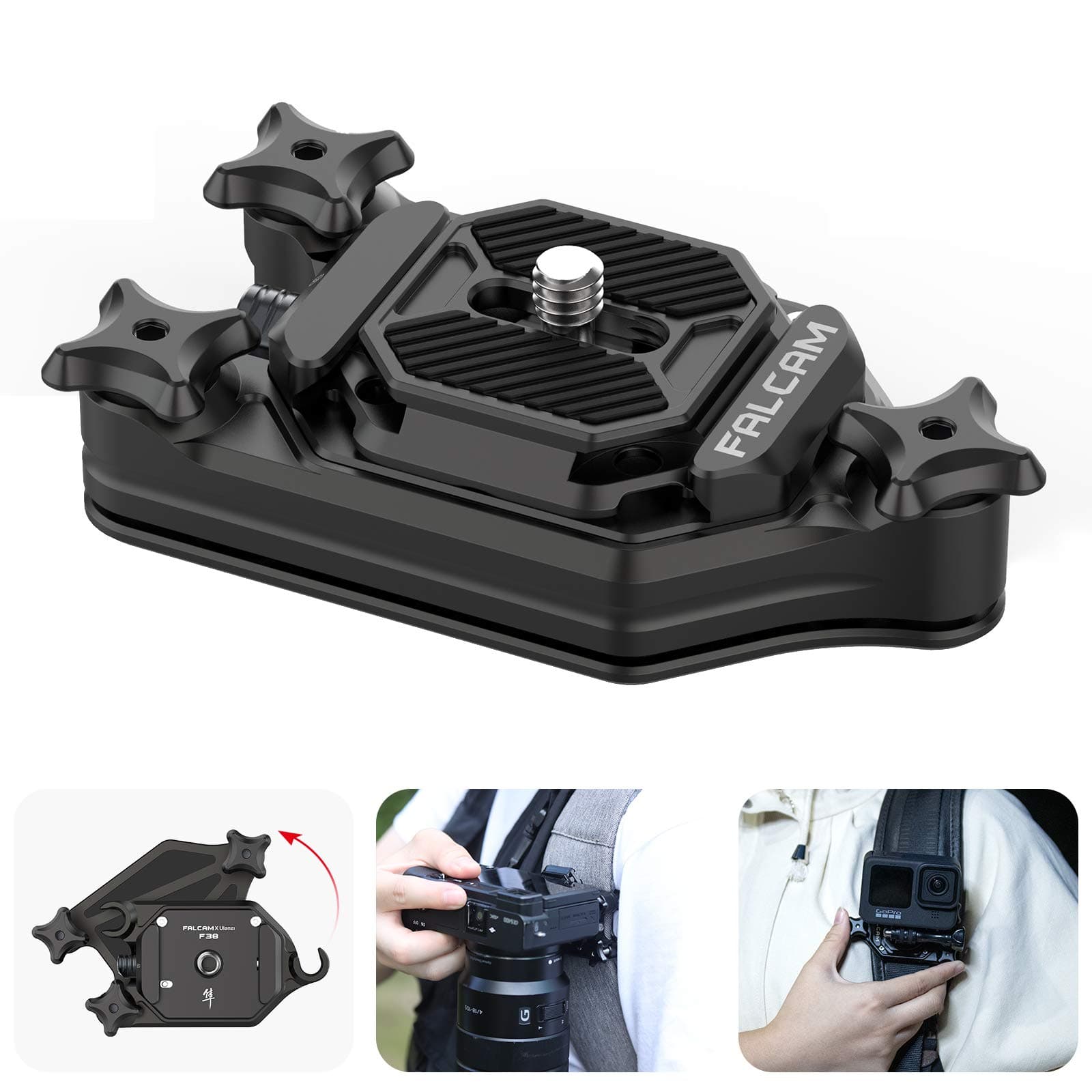 Falcam F38 Quick Release Backpack Strap Clip, Universal Arca-Swiss Slot, 1/4 3/8 Thread Screw, Quick Switch Between Backpack Strap Clip and Tripod Gimbal Stabilizer Slider for Travel & Hiking