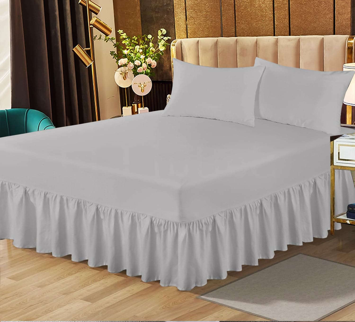 – Easy Care King Size Plain Dyed Frill Valance Sheet Extra Deep Frilled Valance Sheet Poly Cotton King Size Mattress Cover Silver Grey 150 X 198 + 25 cm + Frill 40 cm