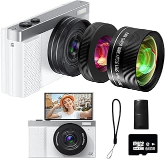 4K Digital Camera, 64MP Vlogging Camera for Photography with 3'' 180°Flip Screen,Macro and Wide-Angle Lenses,16X Vlogging Camera for YouTube with 64GB Micro SD Card for Beginner