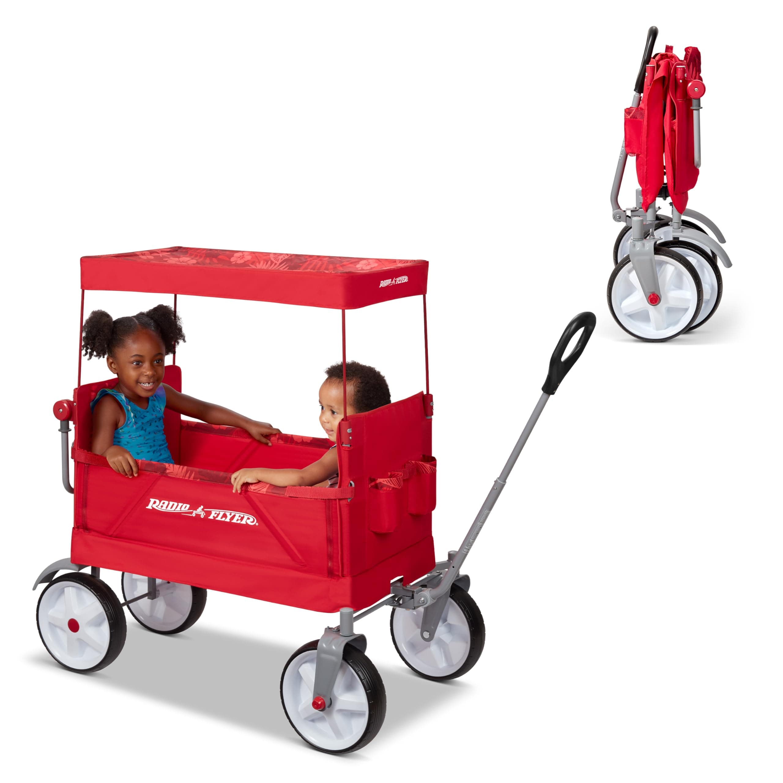 Radio Flyer Beach & Boardwalk 3-in-1 EZ Fold Wagon, for Kids 1.5+, UV Shade, One-Hand Flat Fold, Seats 2 or Converts to Bench, DuraClean Fabric, Beach Tires, 150 lb Capacity, Wagon for Kids & Cargo