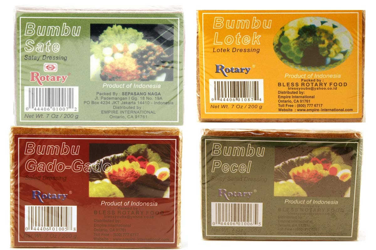 Combo Rotary : 1 Bumbu Sate (Sate Dressing Paste) 1 Bumbu Lotek (Lotek Dressing Paste)- 7oz 1 Bumbu Gado Gado (Salad Dressing) - 7oz 1 Bumbu Pecel (Spicy Salad Dressing Paste) - 7oz