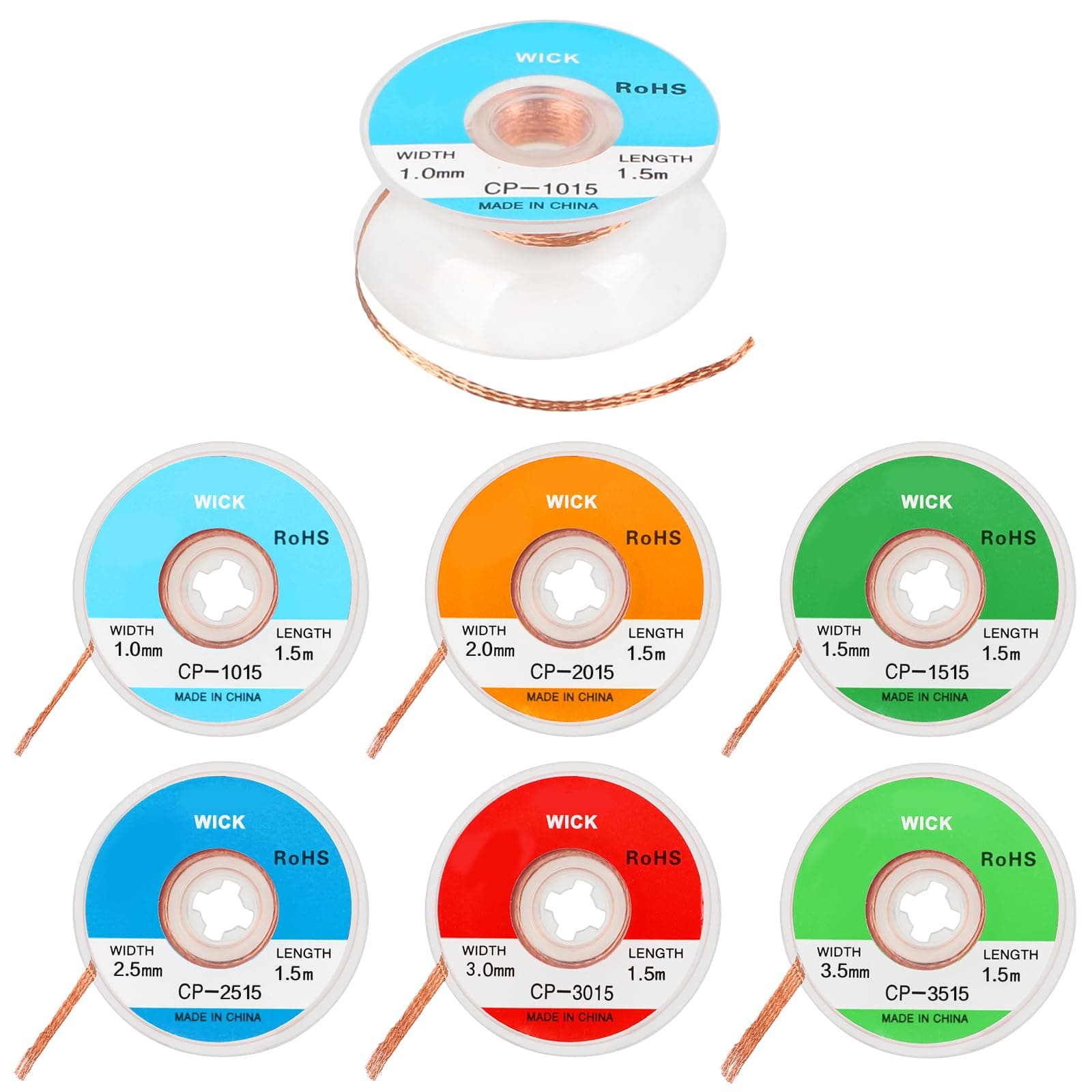7 PCS Desoldering Wire, Solder Braid Wire Desoldering Wick Desoldering Wick Solder Braid Wire Low Residue No-Clean Solder Tin Remover Tool, 1.0/1.5/2.0/2.5/3.0/3.5 mm