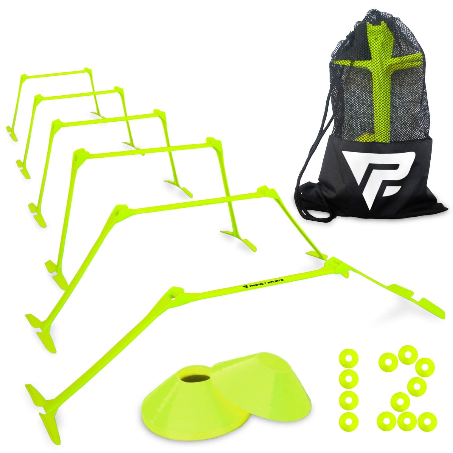 Pro Adjustable Hurdles and Cone Set – 6 Agility Hurdles (6, 9 or 12 inch) with 12 Cones for Athletes, Soccer, Kids, Sports, Track and Field Speed Training Equipment – Includes Mesh Carry Bag (Yellow)