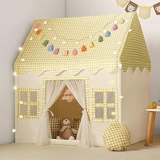 Kids Play Tent Indoor: Mat, Tassel Garland, Star Lights - Yellow Checkered Boys Tent Playhouse for Girls Kids Toys for Boy Girl Birthday Gift
