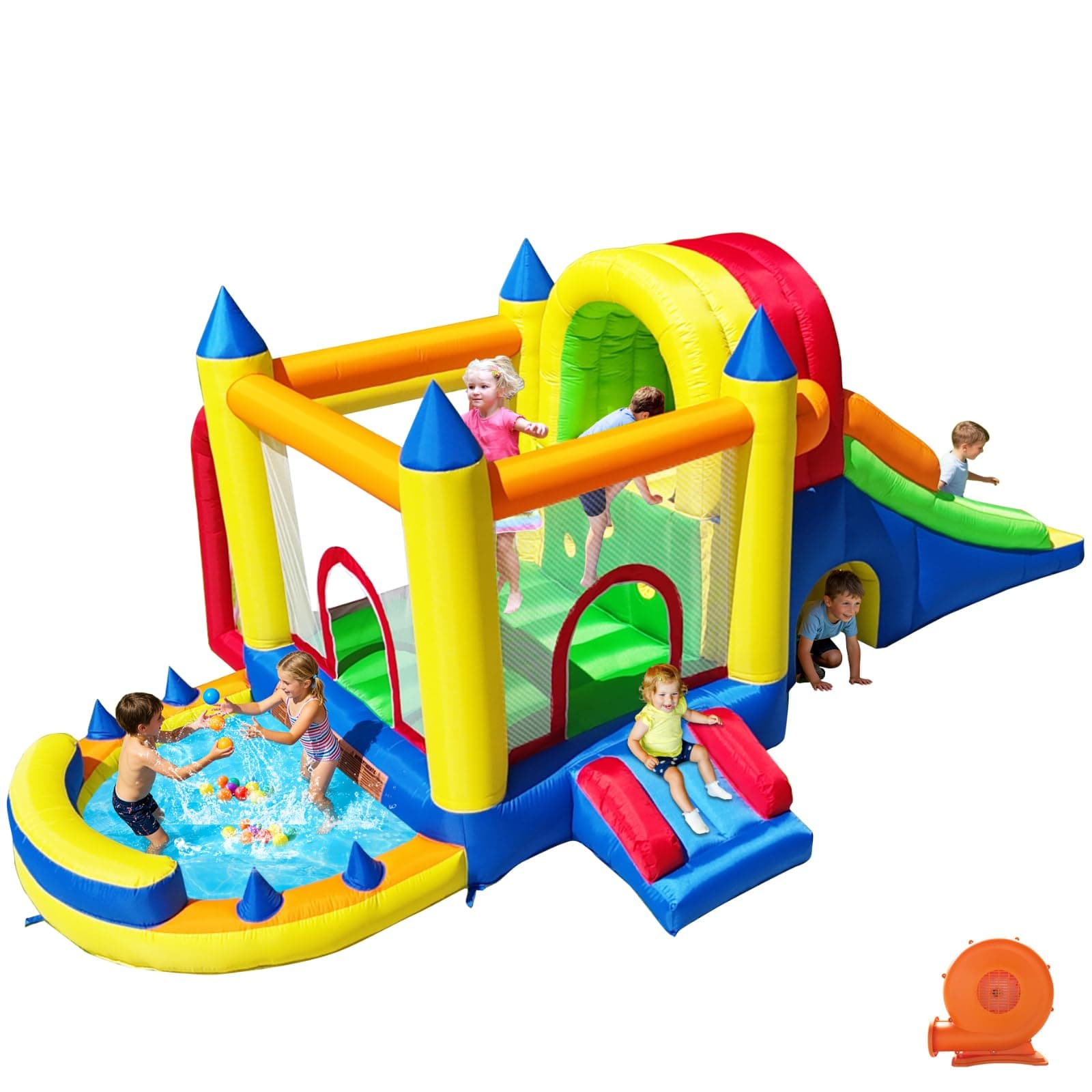 Hongcoral Inflatable Bounce House with Wide Slide, Splash Pool/Ballpit, Secret Crawl Tunnel & Soccer Goal, Multi-Activity Jumping Castle for Toddlers & Big Kids, Outdoor Backyard Playground