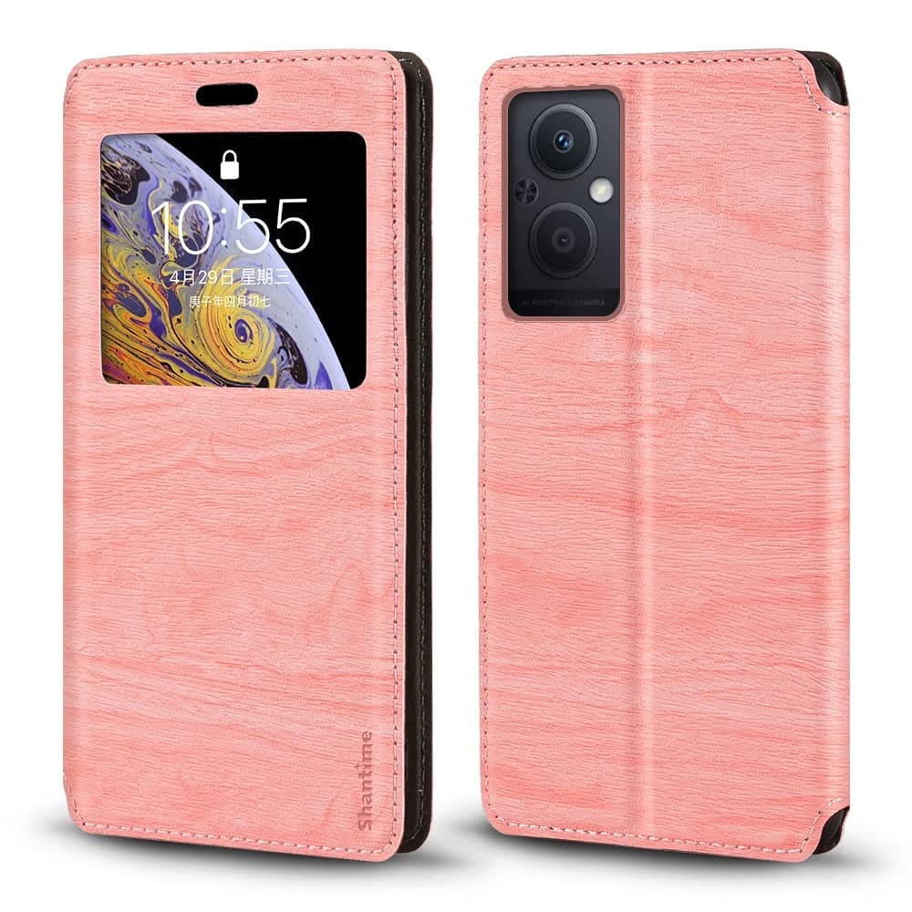 Viewable Window Leather Flip Case Compatible with OPPO Reno 7Z 5G, Elegant Design Clear Display Invisible Magnetic Cover and Card Slot(Pink)