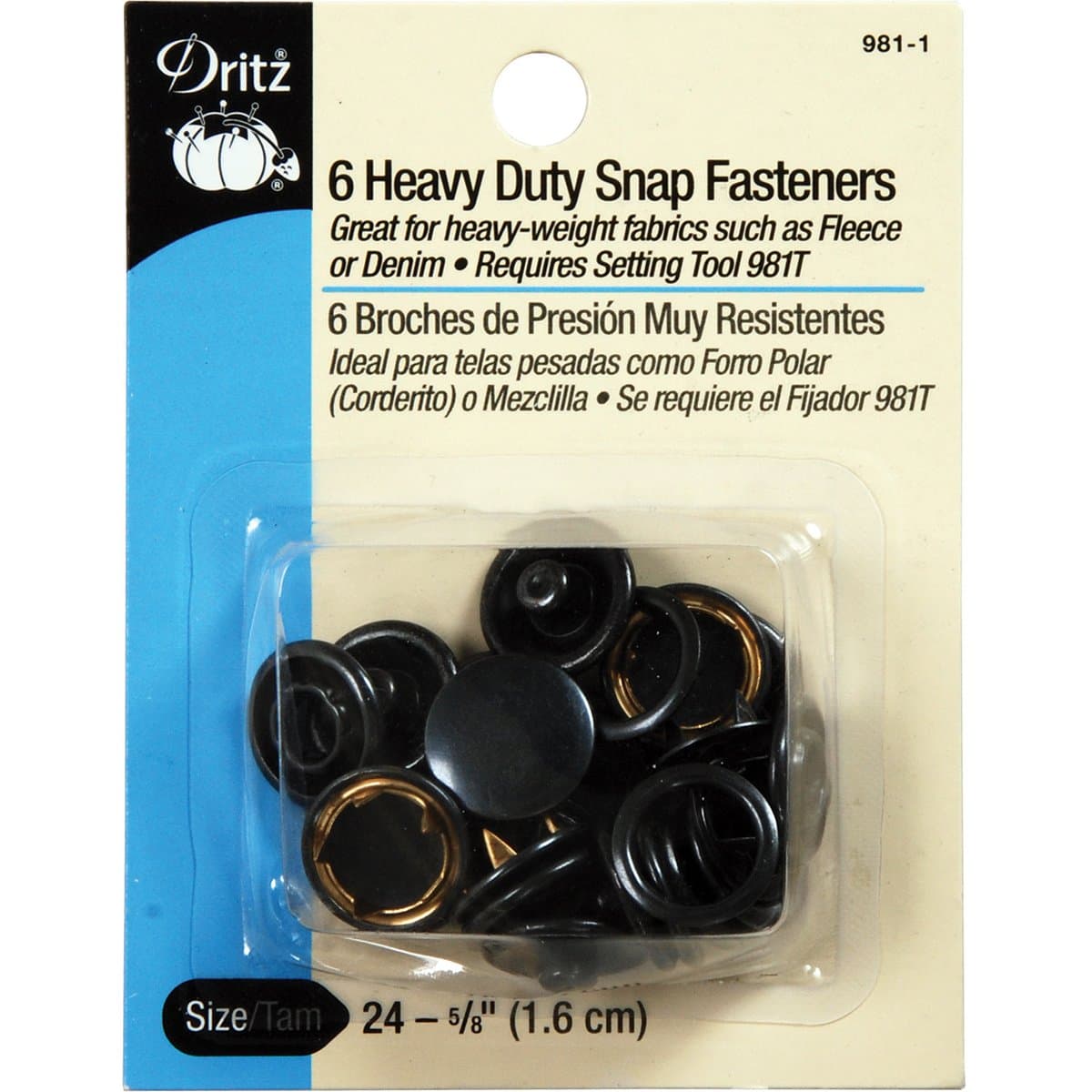 Dritz 981-1 Heavy Duty Snap Fasteners, Black, Size 24 (5/8-Inch) 6-Count