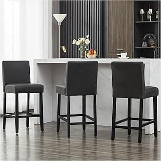 26'' Faux Leather Bar Stools Set of 3, Modern Upholstered Bar Height Bar Chairs, Soild Wood Legs Barstools with Back, Black