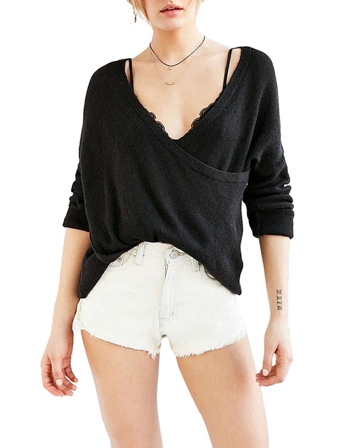 iChice Womens Casual Wrap Front V Neck Knit Pullover Sweater