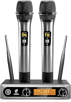 TONOR Wireless Microphones, Metal Dual Professional UHF Cordless Dynamic Mic Handheld Microphone System for Home Karaoke, Meeting, Party, Church, DJ, Wedding, Home KTV Set, 200ft, TW-820 Silver