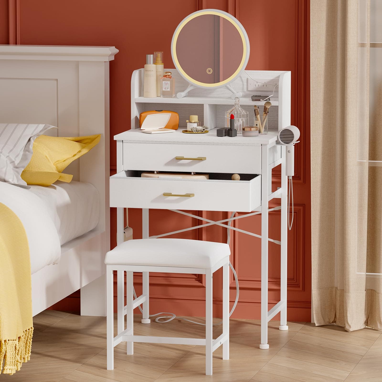 Fixwal White Small Vanity Desk Set with Lighted Mirror and Chair, Makeup Dresser with 2 Fabric Drawers, Power Outlet, Compact Table with Cushioned Stool for Bedroom Small Space