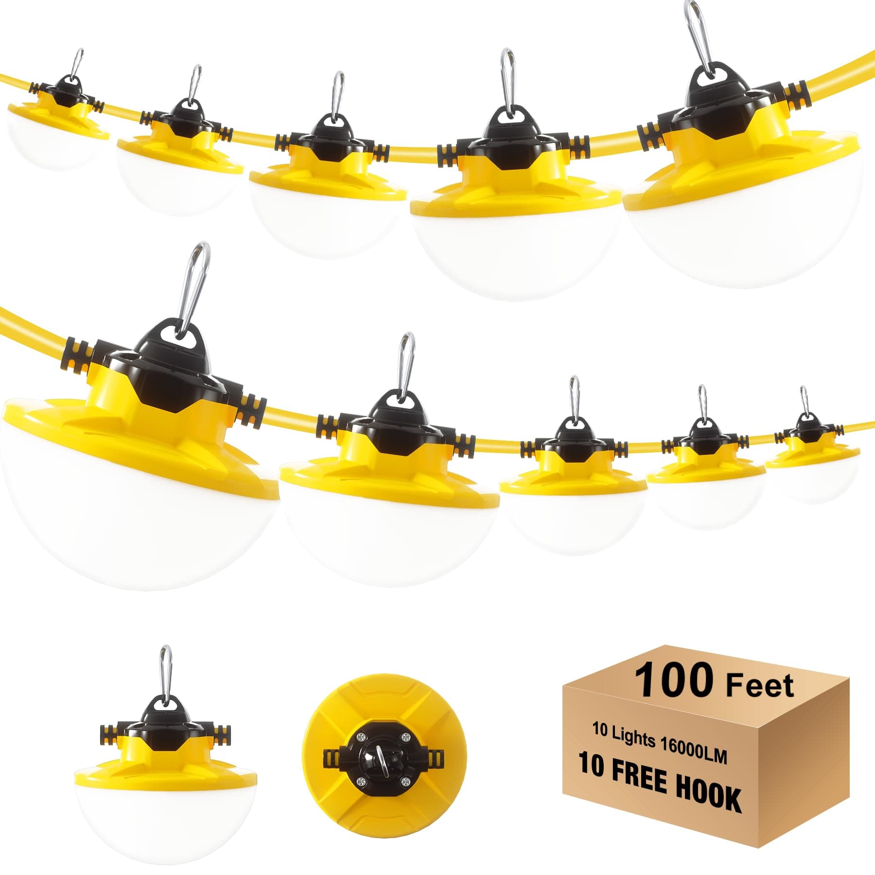 100FT Construction String Light 130W 16000Lm, 5000K Industrial Grade LED String Work lights, IP65 Waterproof Temporary Lighting for Construction Sites, Renovation, Mine Cave, Job Site, Walkways