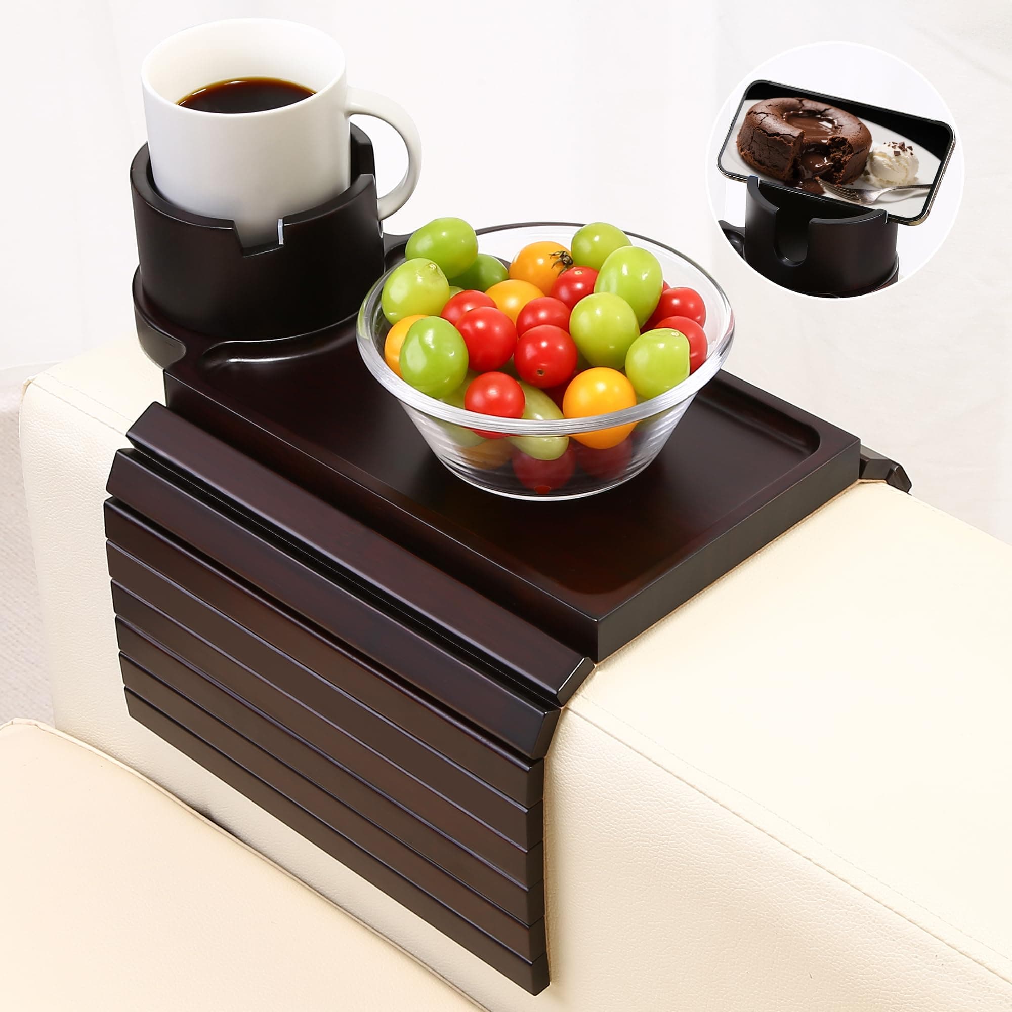 aisongdong Couch Cup Holder Tray - 3 in 1 Couch Arm Table with 360° Rotating Phone Holder, Foldable Sofa Arm Tray for Drink Table, Snacks Table,Hold Cellphone Remote or Books