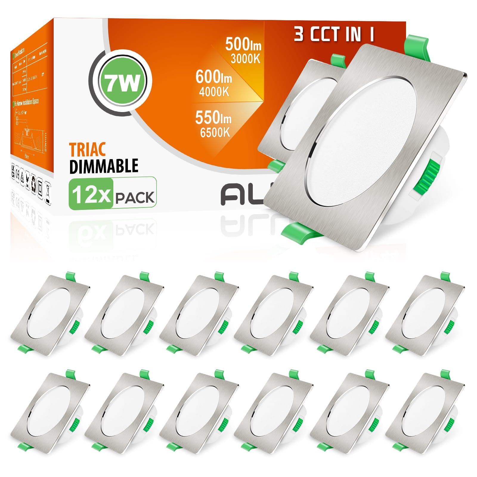ALUSSO Square LED Downlights Dimmable 7W IP44 Slim Recessed Ceiling Lights, 3CCT 3000K Warm 4000K Neutral 6500K Cool Adjustable Bathroom Spotlights, Brushed Nickel, 12 Pack [Energy Class D]
