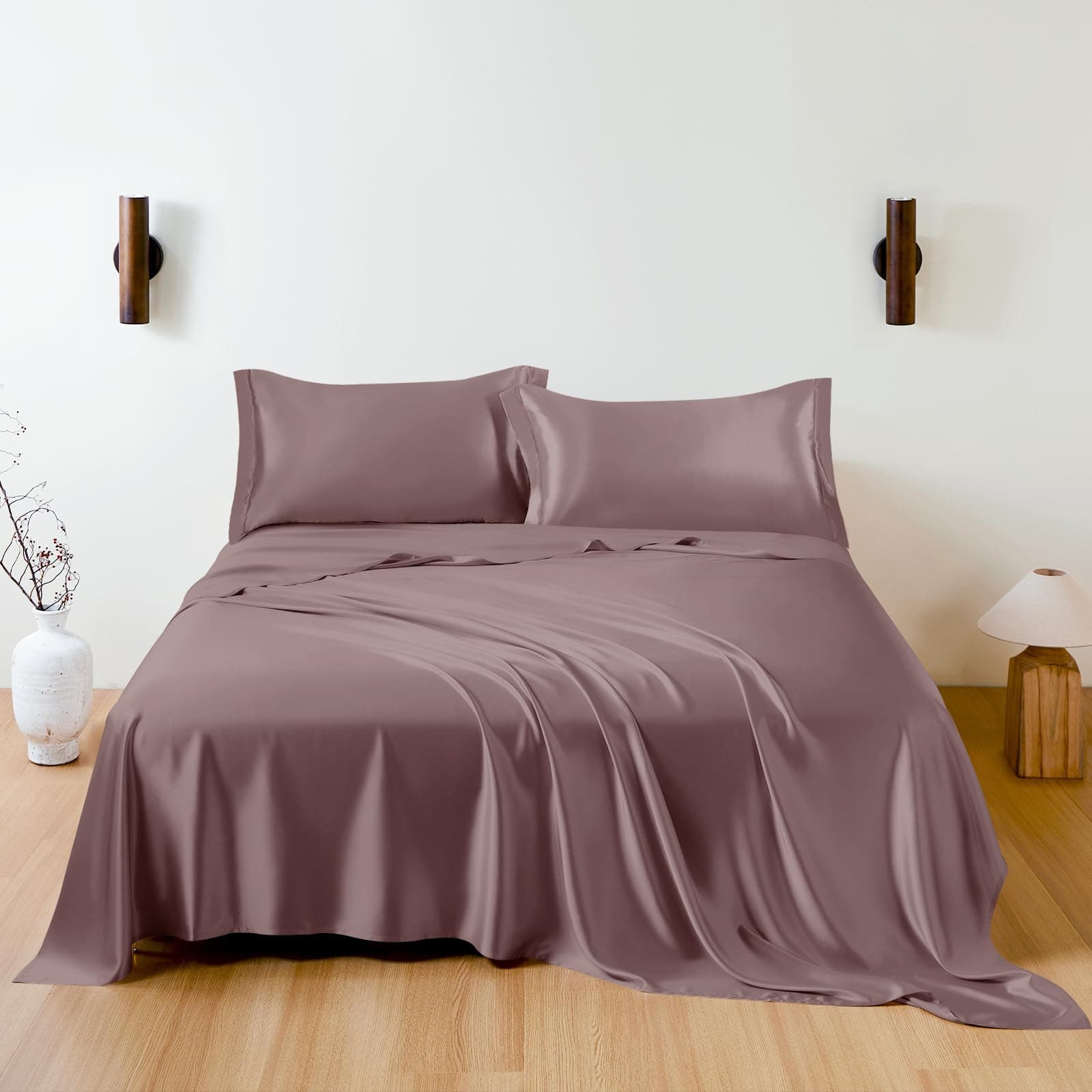 100% Mulberry Silk Sheet Set, 7A+ Silk Sheet Set Soft Breathable, Luxury Bedding (1 Flat Sheet, 1 Fitted Sheet, 2 Pillow Shams) King, Purple