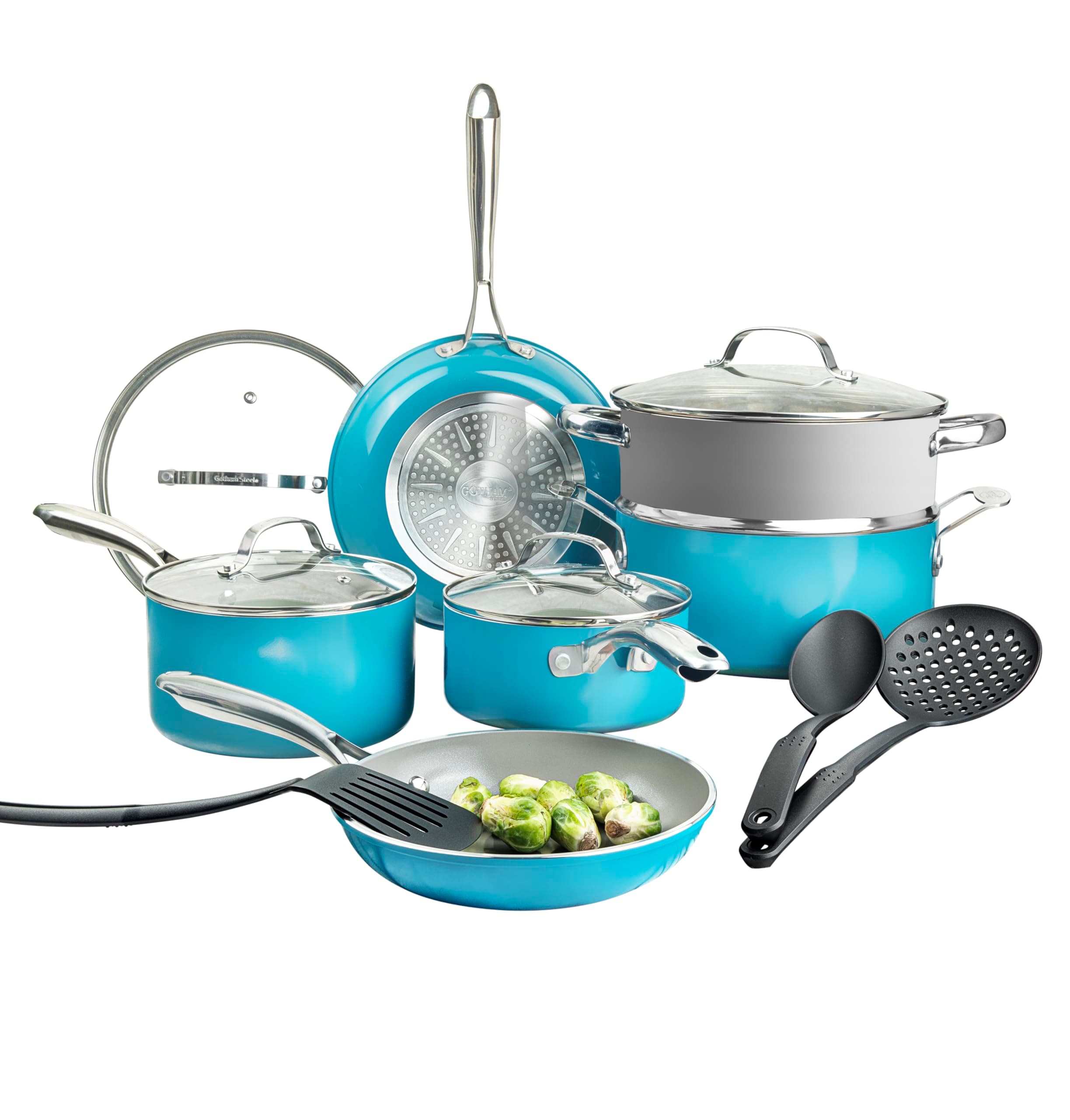 15 Pc Ceramic Cookware Set, Ceramic Pots and Pans Set Non Stick with Cooking Utensils and Steamer, Non Toxic PFOA PFOS Free, Premium Stay Cool Handles, Oven & Dishwasher Safe, Blue