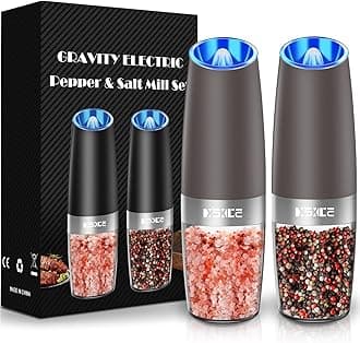 Gravity Electric Pepper and Salt Grinder Set, Adjustable Coarseness, Battery Powered with LED Light, One Hand Automatic Operation, Brown, 2 Pack