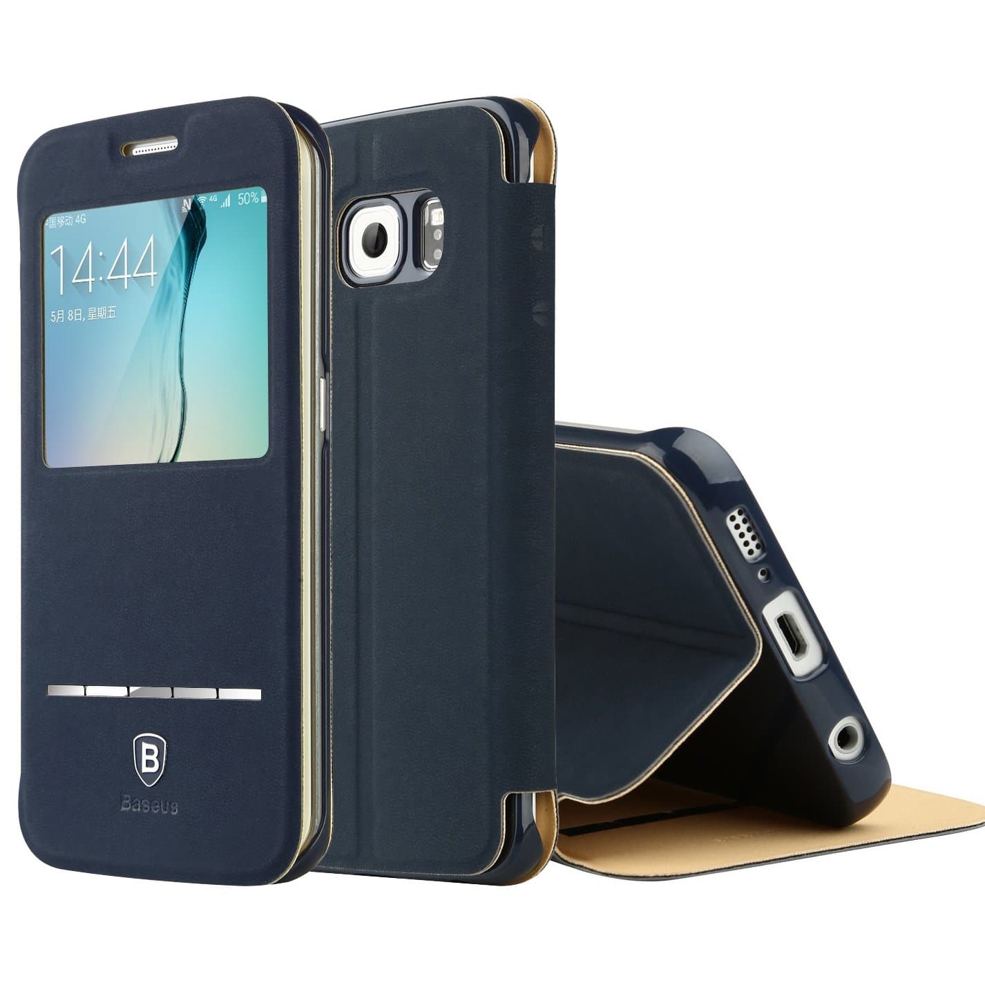 Galaxy S6 Edge Case, X-CASE [Touch Series] [View Window] Folio Flip PU Leather Folding Folio Flip Case Cover Skin Shell Shield Design Shockproof Dirtproof Scratch Resistant with Screen Protection Kickstand Stand for Samsung Galaxy S6 Edge (blue)