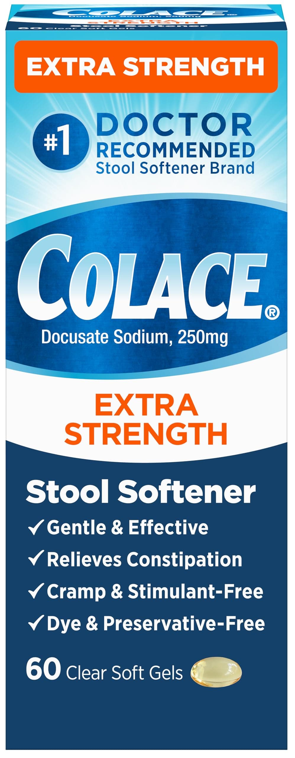 Colace Extra Strength Stool Softener, 60 Count, Gentle Constipation Relief for Adults, 250 mg Docusate Capsules, #1 Doctor Recommended Stool Softener Brand