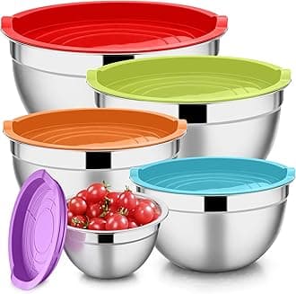 E-far Stainless Steel Silver Mixing Bowls Metal Nesting Bowls with Colored Airtight Lids and Scale Marks for Cooking, Baking, Serving - Size 1.5/2.5/3/4/5 qt (Set of 5)