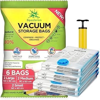 SpedalonVacuum Storage Bags for Clothes, Duvet, Bedding, Pillows, Mattress - Pack of 6 (2 Jumbo + 2 Large + 2 Small) Space Sealer Bags - Moving bags with Free Hand Pump for House & Travel Packing
