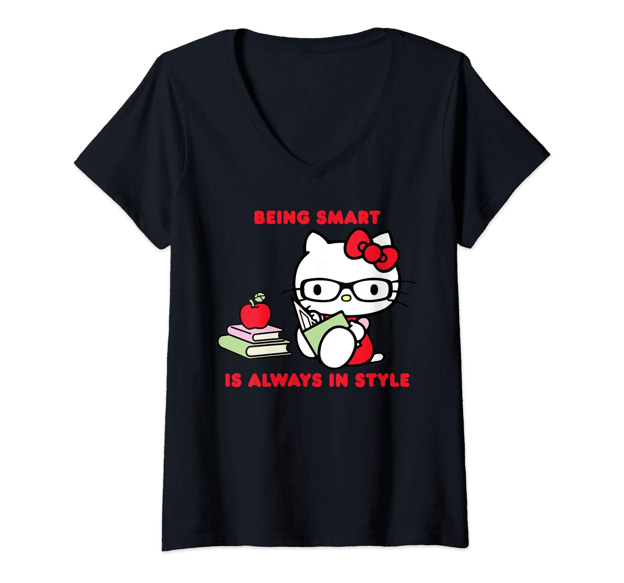 Hello KittyWomens Hello Kitty Being Smart Is Always In Style Books Student V-Neck T-Shirt