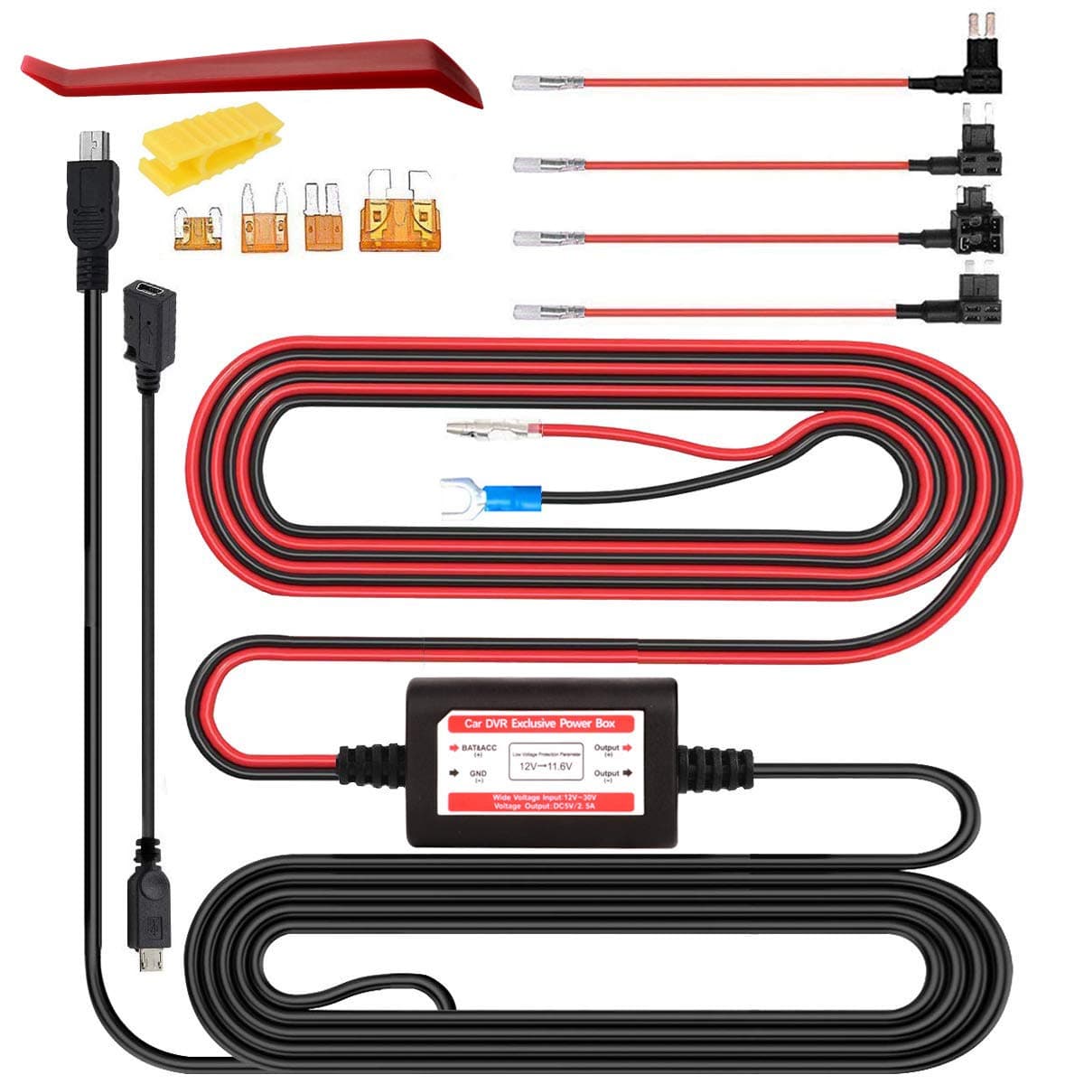 Gebildet Dash Cam Hardwire Kit, Mini/Micro USB Hard Wire Kit for Dashcam, 12V-24V to 5V Car Dash Camera Charger Power Cord, ACU/ACS/ACN Mini/ACZ Micro 2 Fuse, 11.6V Real Battery Drain Protection