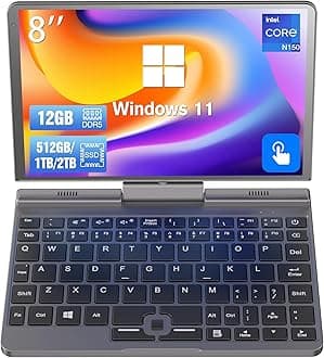 Mini Laptop 8 inch N150 Touchscreen Notebook Tablet 2 in 1 Handheld Computer Portable Small Pocket PC Win-11 Pro, 12GB RAM 2TB SSD, Gigabit/Wi-Fi 6/BT5.2/2MP Camera/G-Sensor/HDMI/PD 30W Charging