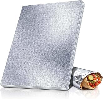 ANGEL’S PEEL LOUNGE Heavy Duty Aluminum Foil Sheets — Precut Tinfoil Wraps For Burritos, Sandwiches, Burgers, Hot Dogs, Grease-Resistant, Heat Insulating Wrapping Paper, 10.75inx14in 100-PCS