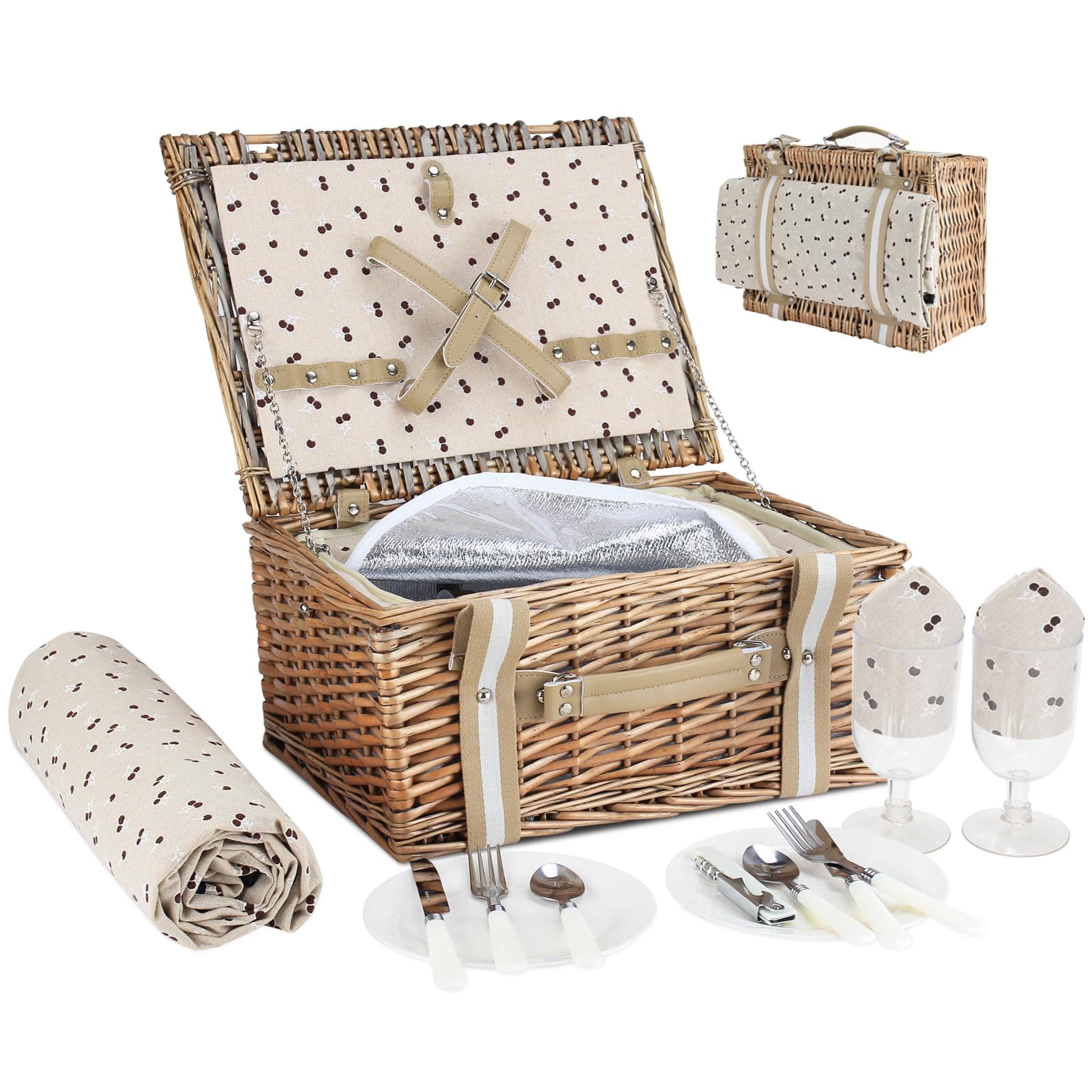 G GOOD GAIN Willow Picnic Basket Set for 2 Persons with Large Insulated Cooler Bag,Wicker Picnic Hamper for Camping,Outdoor,Valentine Day,Thanks Giving,Birthday