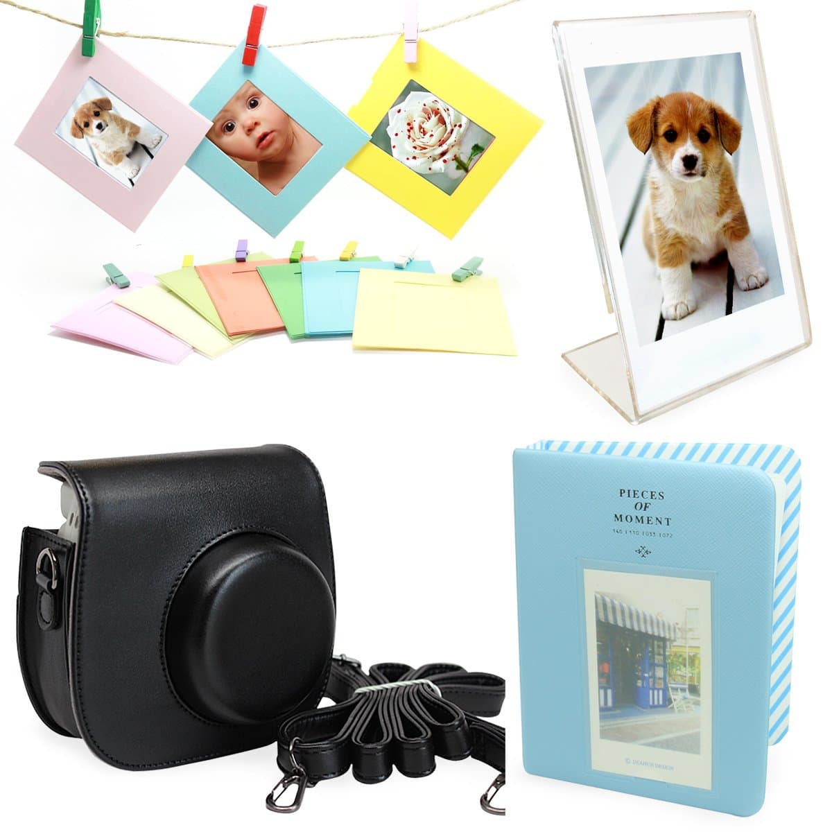 Fujifilm Instax Mini 8 Instant Camera Accessories Bundle [Includes: Black Case, Shoulder Strap, Blue Photo Album, Clear Photo Stand for Instant Film Photos, Colorful Frames with Clips and Rustic Twine Rope for Hanging]
