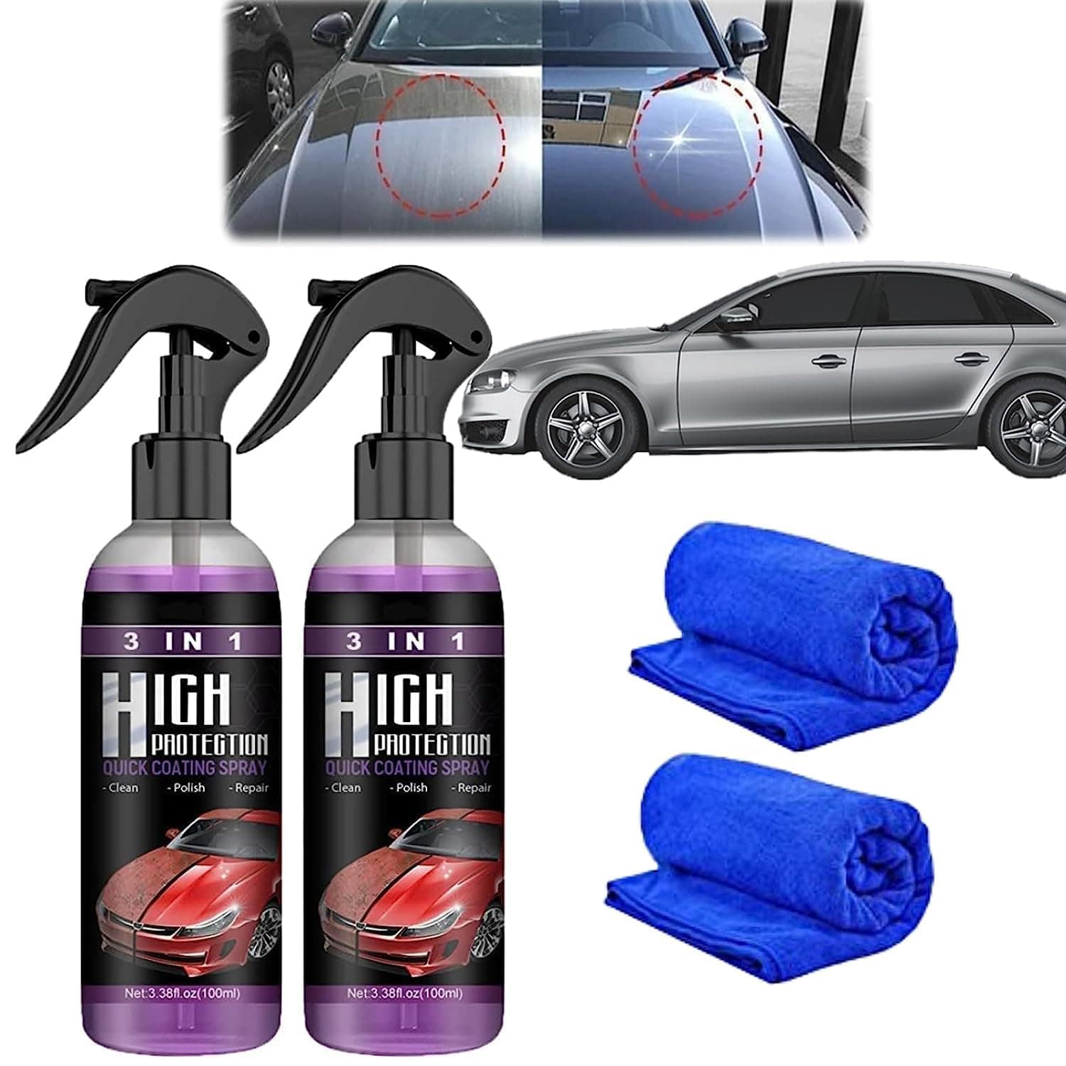 3 in 1 High Protection Car Quick Coating Spray, 3 in 1 Ceramic Car Coating Spray, Nano Polishing Car Wax Polish Spray, Plastic Parts Refurbisher, Waterless Car Wash Cleaning Spray