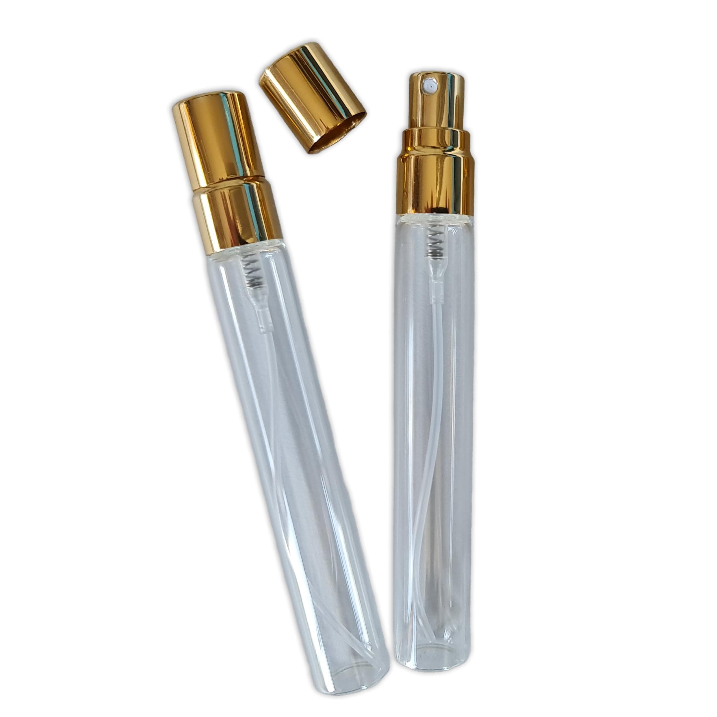 2 x 10ml Clear Glass Atomiser Bottles with Gold Cap - Refillable Small Perfume Fine Mist Spray Vials - Mini Sample/Travel/Tester Containers